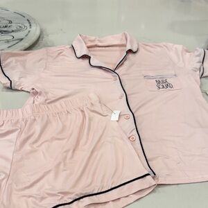 Pink 'Bride Squad' Short Pajama Set with Black Piping